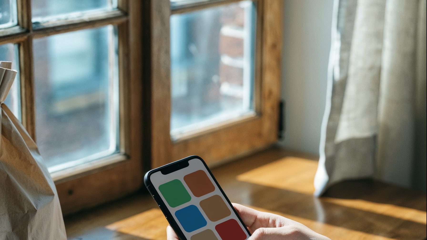 Hands holding a phone that shows a product grid without readable text