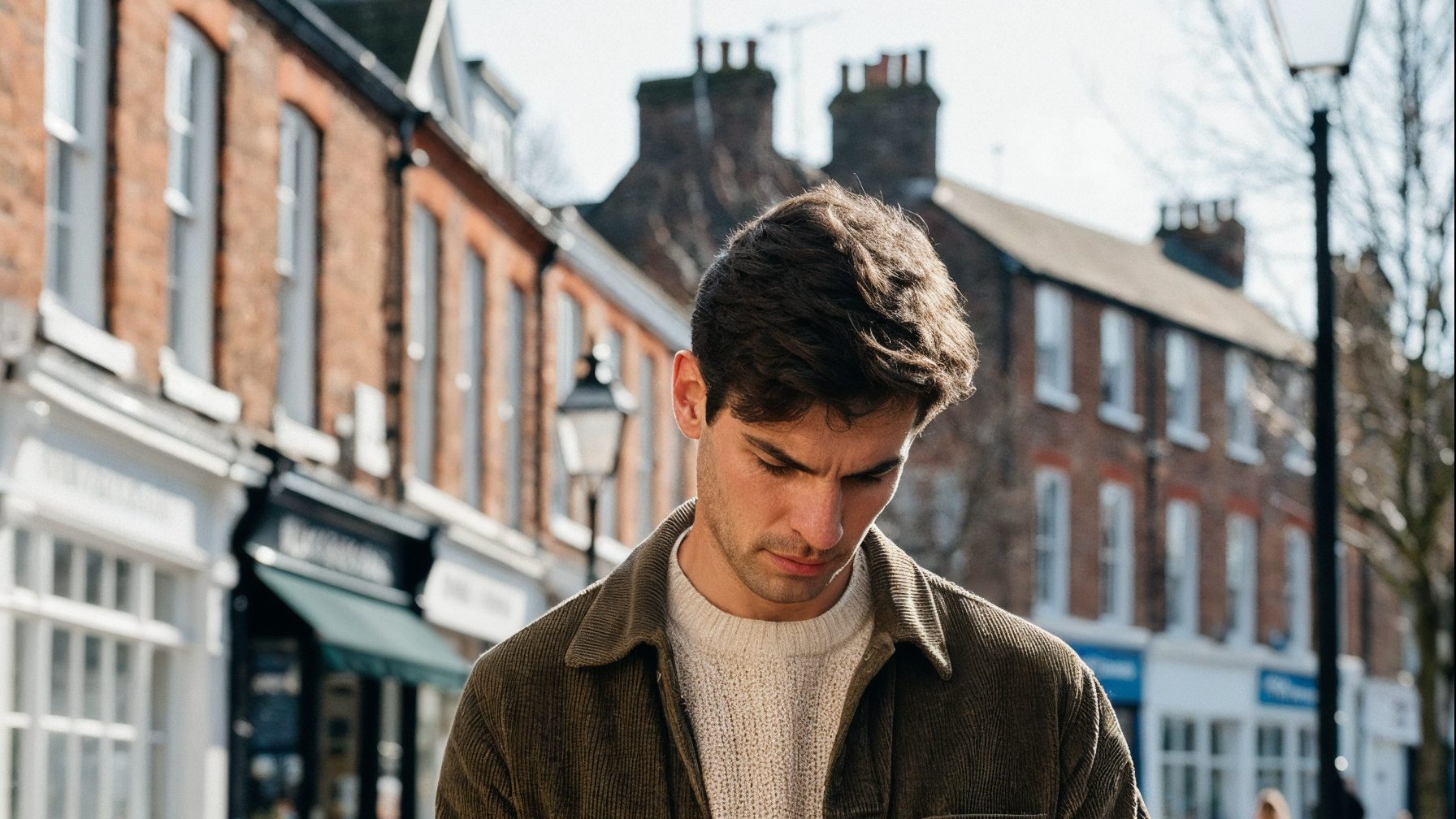 A shop owner on a British high street of brick buildings