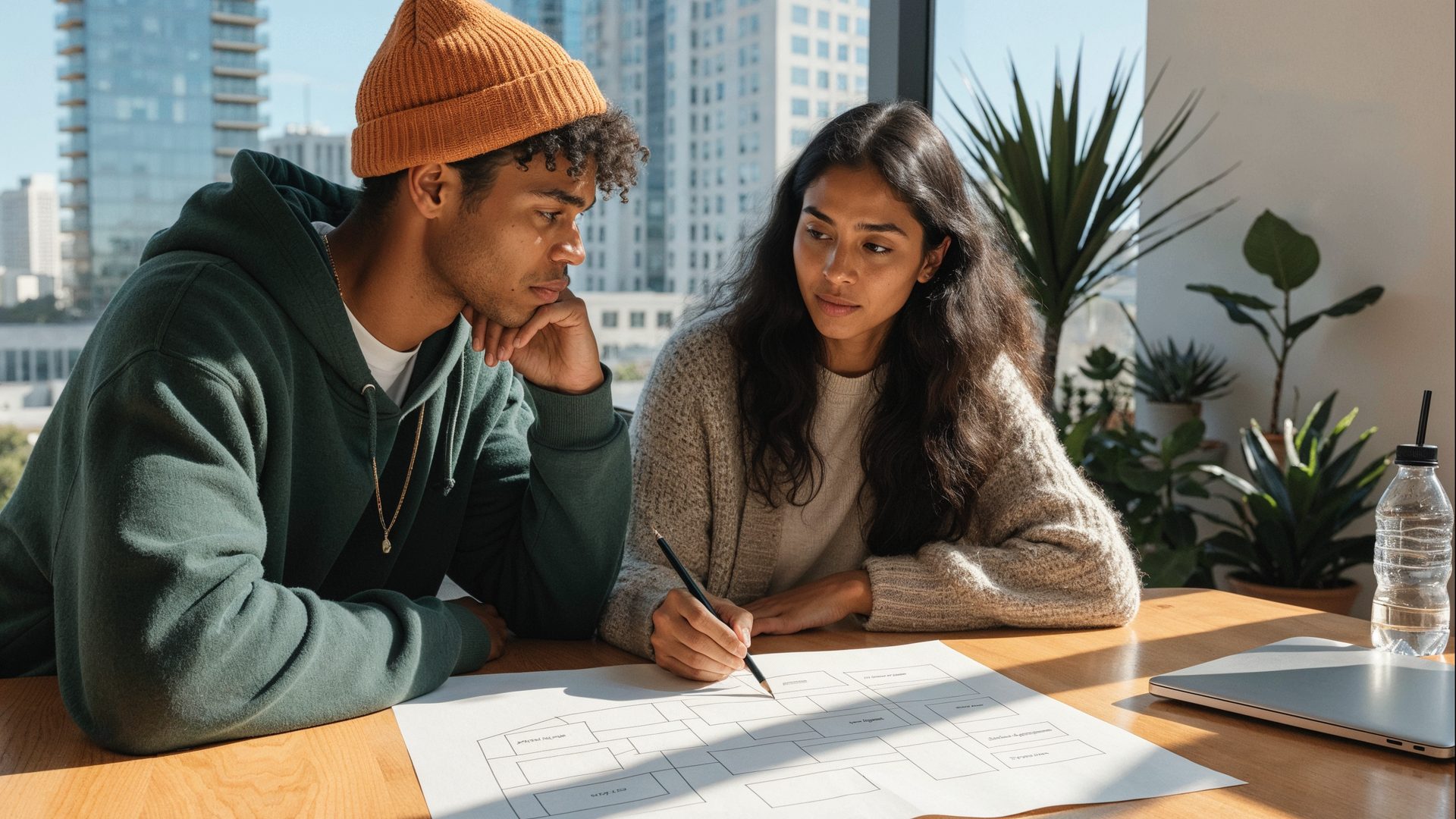 Two people reviewing a paper site map of blank boxes and lines