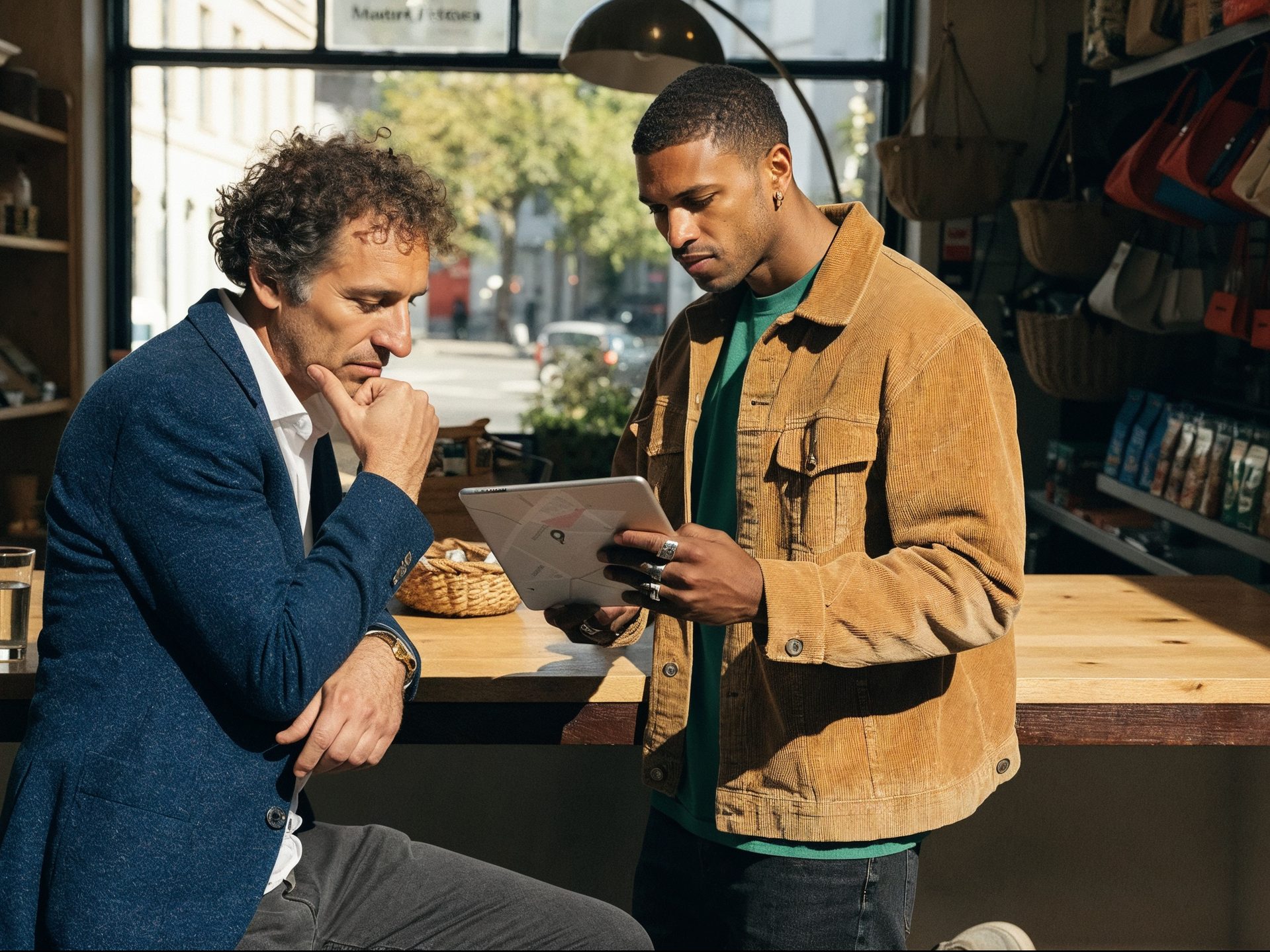 Shop owner and consultant looking at a tablet inside a high-street shop