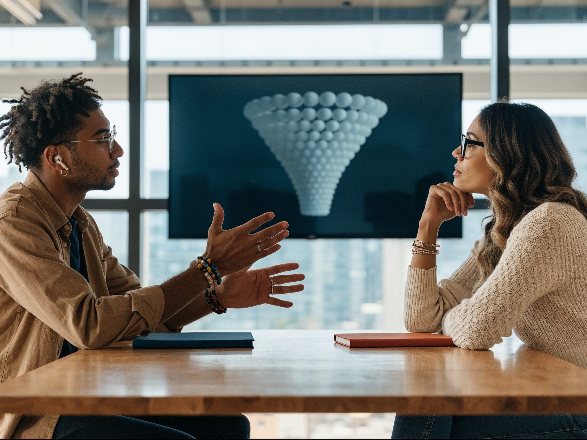 Two people in a meeting reviewing an abstract planning screen
