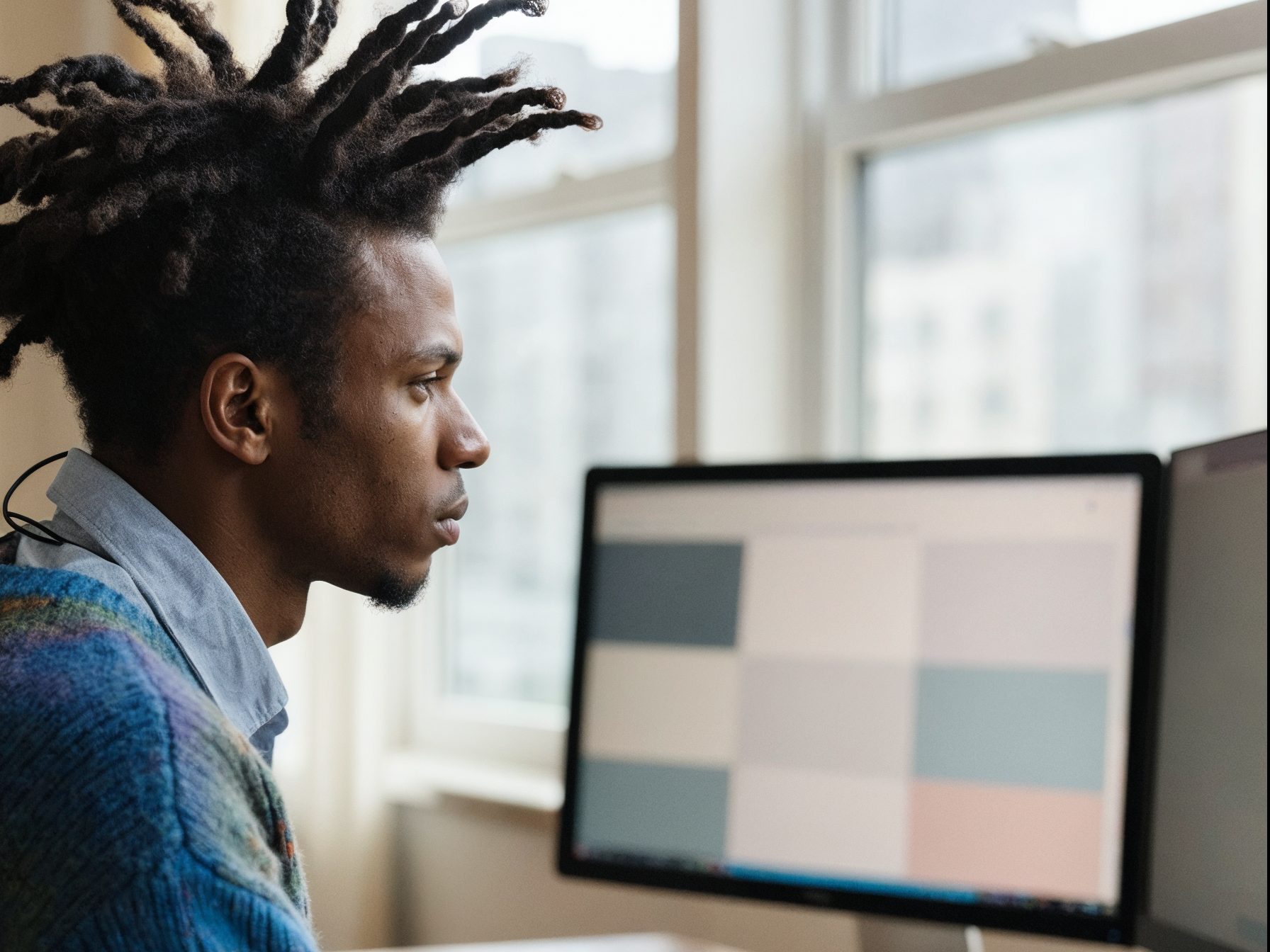 Designer at a monitor showing a soft colour layout